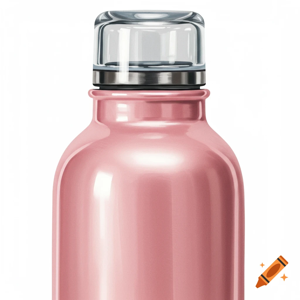 A baby pink water bottle with a clear and metal cap.