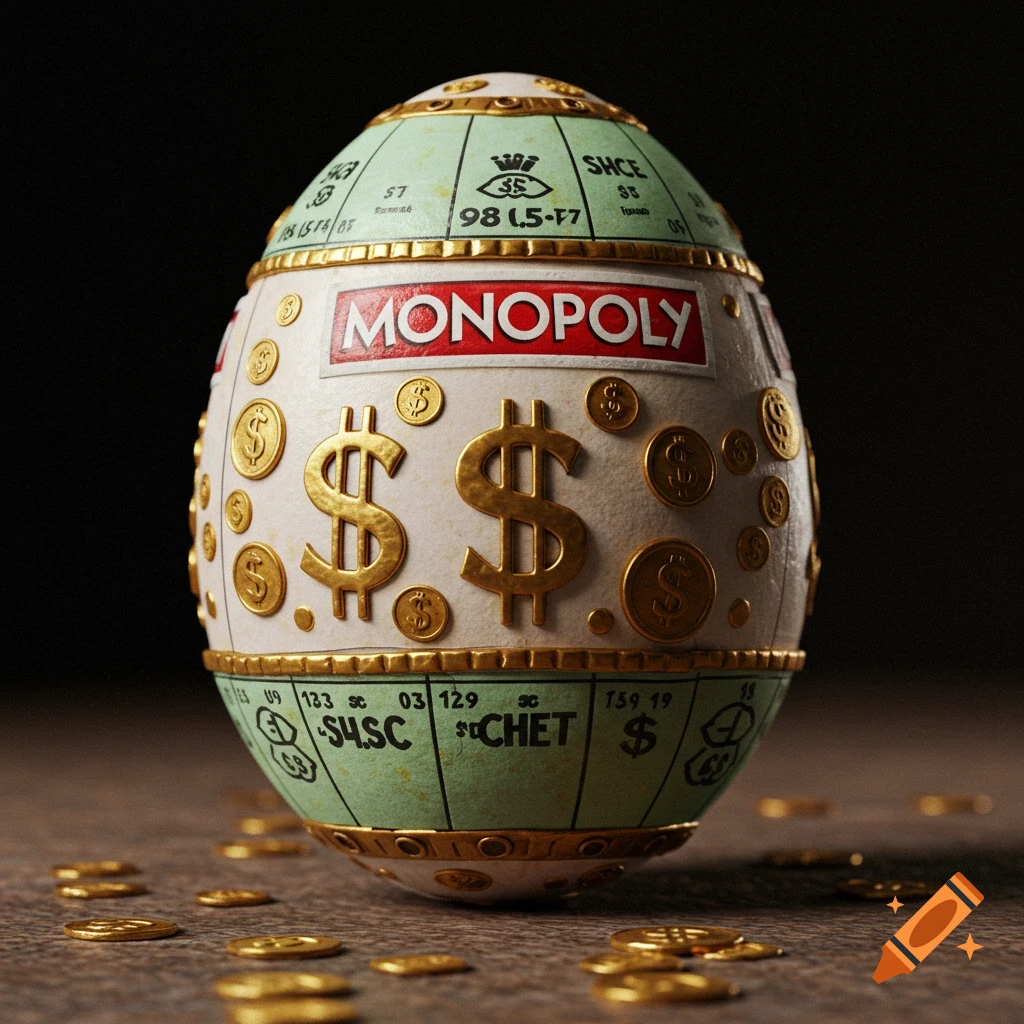 An Easter egg decorated with Monopoly game elements, including dollar signs, coins, and the Monopoly logo.