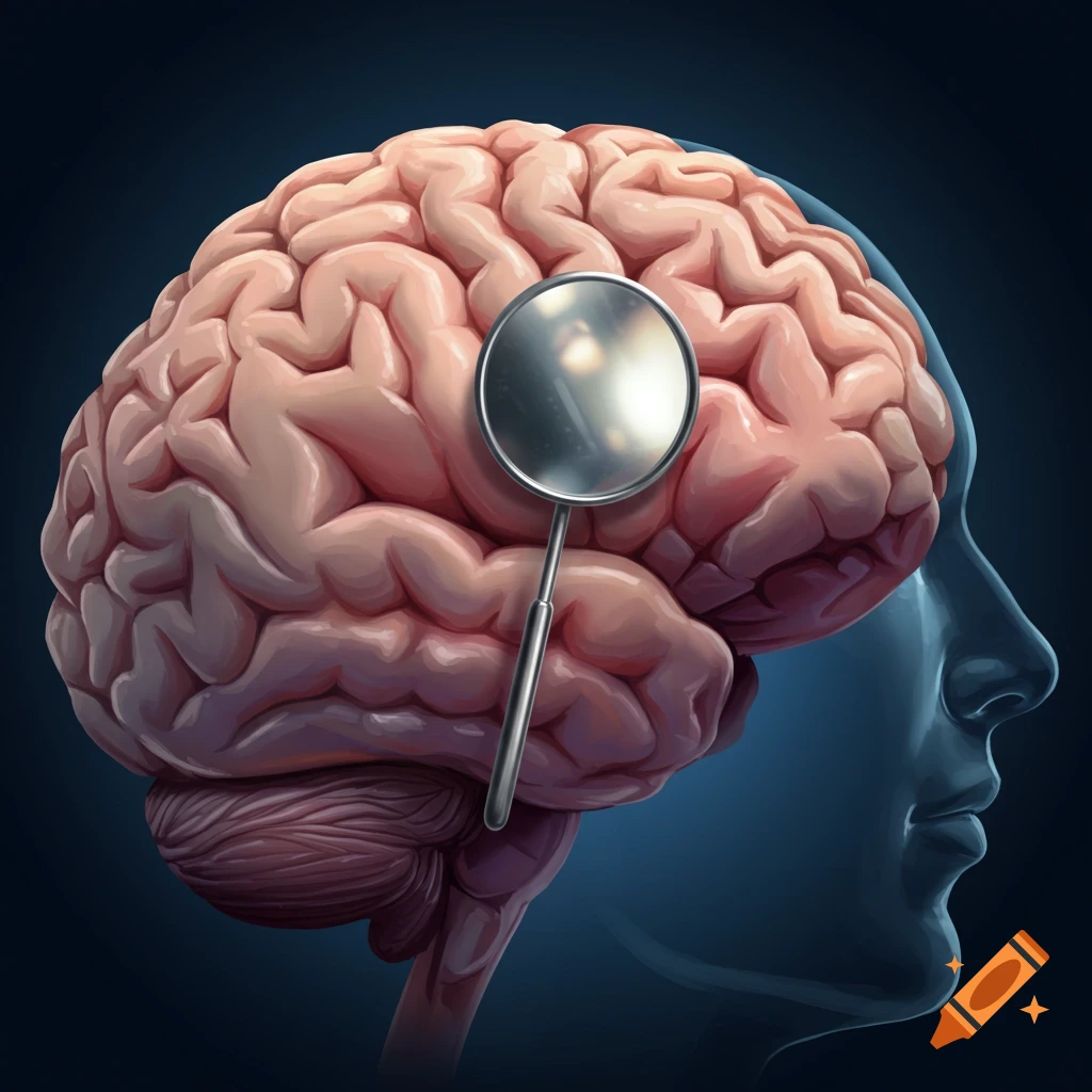 A human brain with a magnifying glass over it, from a 2/3 profile view