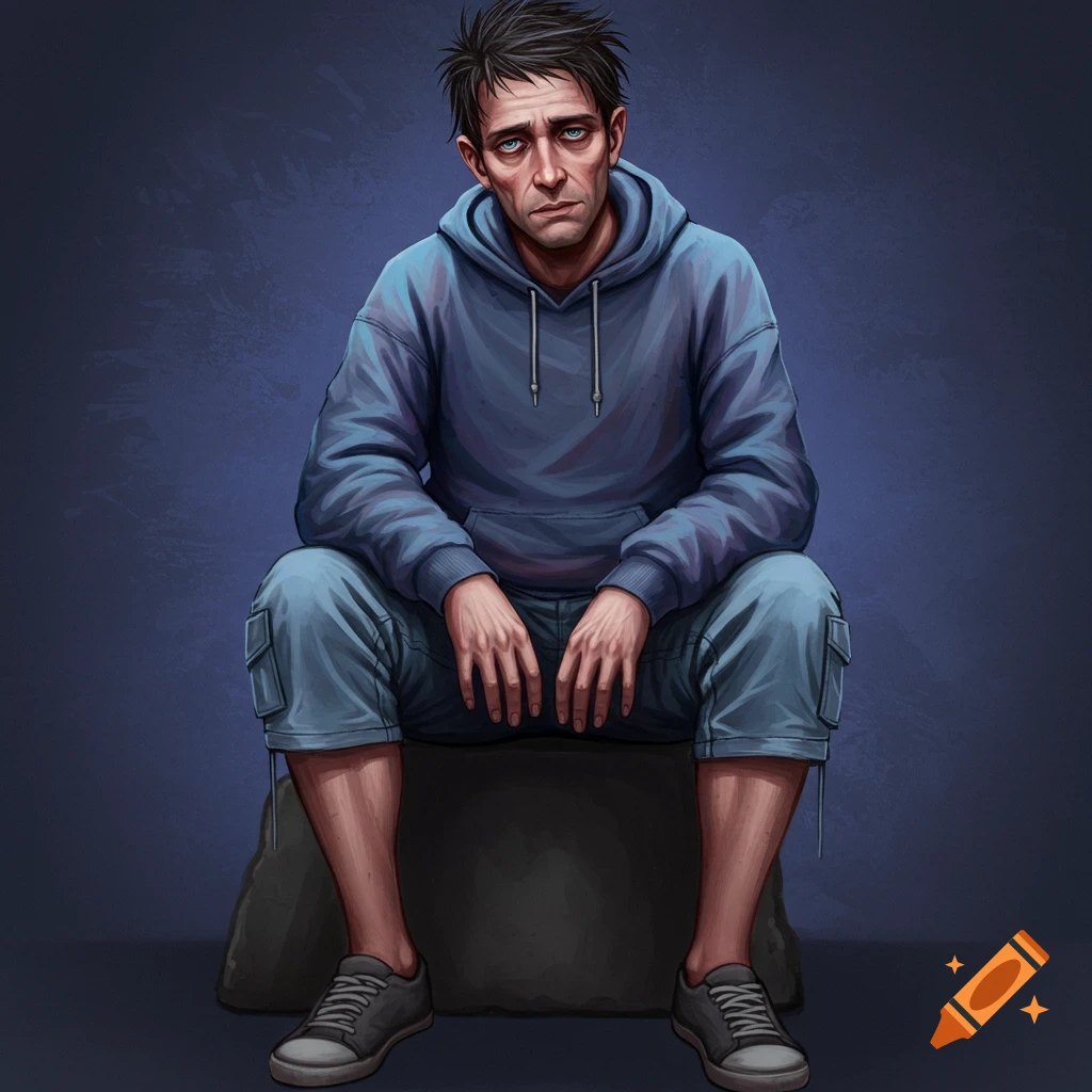 A man sits on a rock, looking weary, wearing a blue hoodie and cargo shorts.