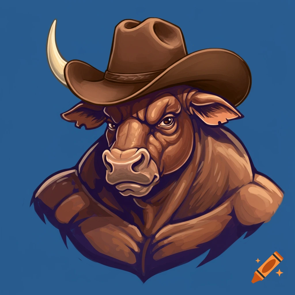 Painting of a bull wearing a cowboy hat.