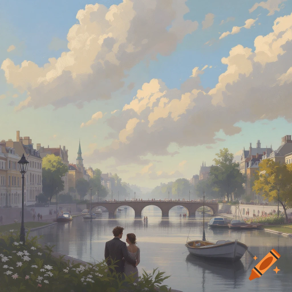 Couple looking at a European city canal, bridge, and buildings