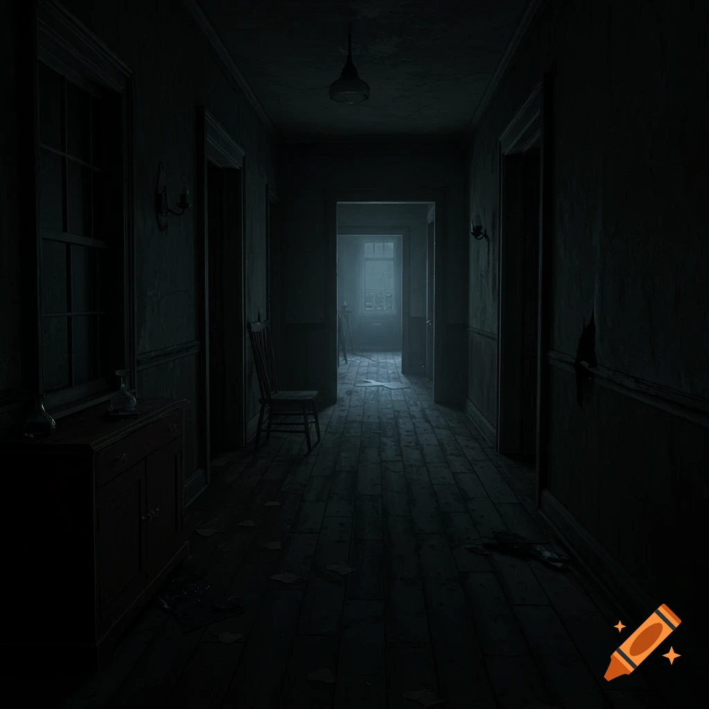 A dark, eerie hallway in an old house with a light at the end.
