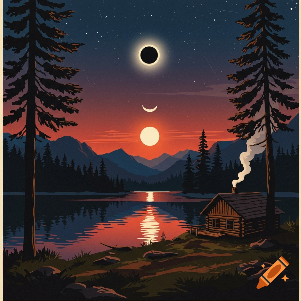 Retro style illustration of a cabin by a lake under a sky depicting a solar eclipse, moon, and sun over mountains and pine trees.