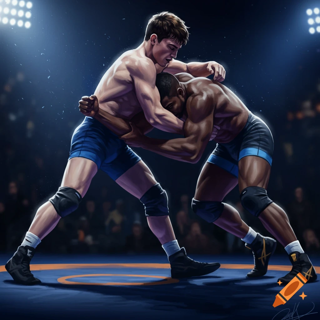 Two male wrestlers grappling in a ring under stadium lights.