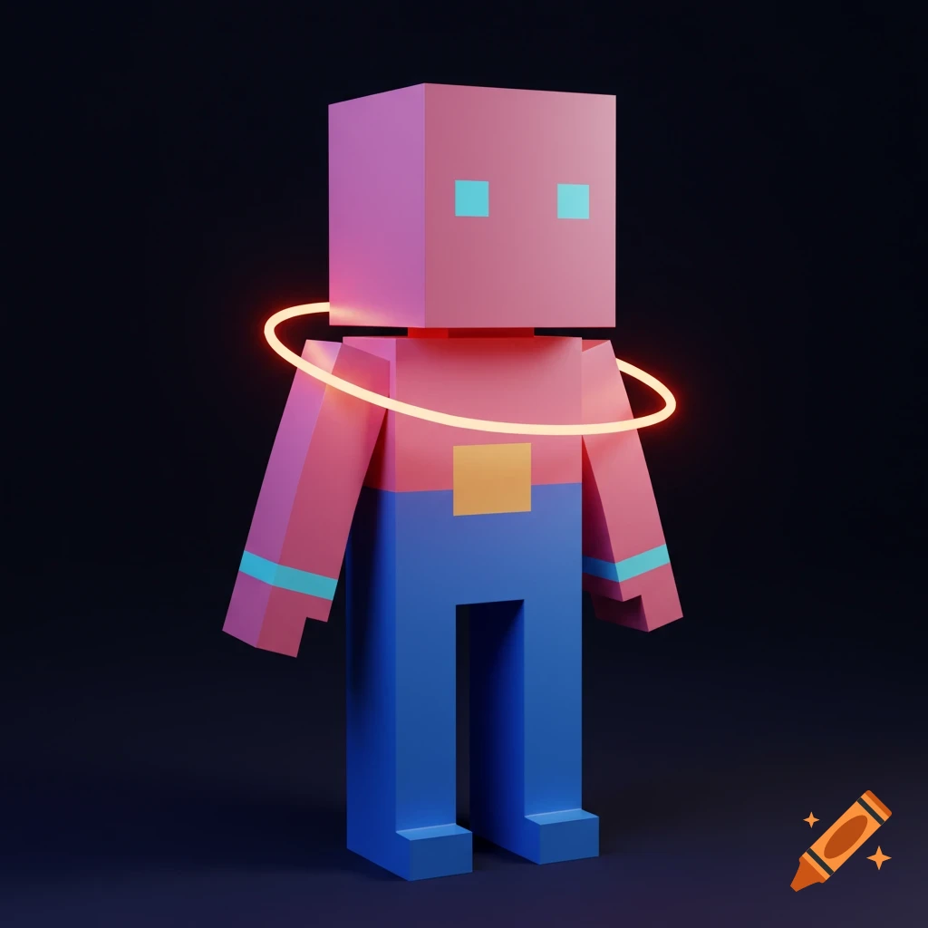 A blocky 3D humanoid robot with pink, blue, and yellow blocks and a glowing ring around its neck.