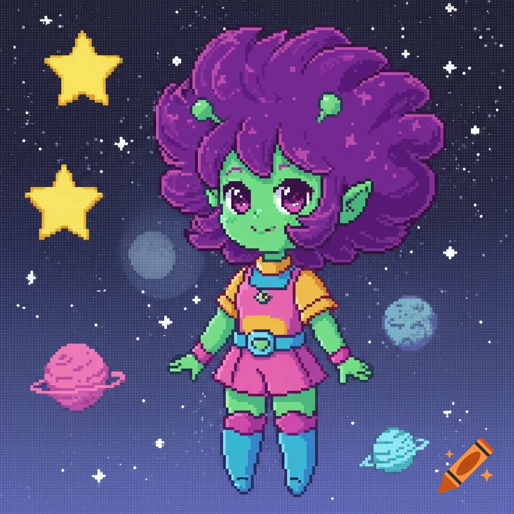 Pixel art illustration of a cute alien girl floating in space with planets and stars