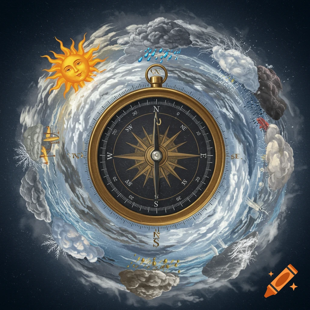A compass surrounded by swirling weather elements like sun, clouds, rain, and snow.