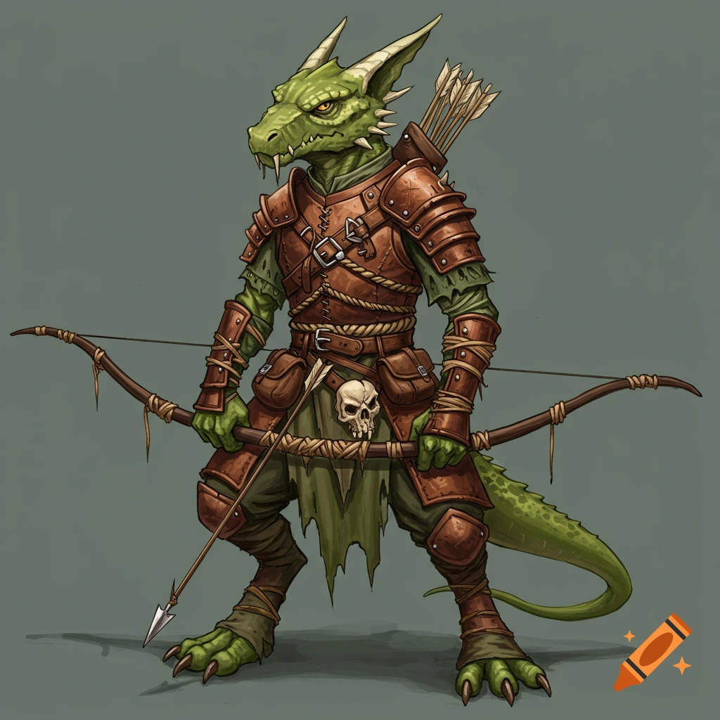 A green draconic kobold in leather armor holding a bow.