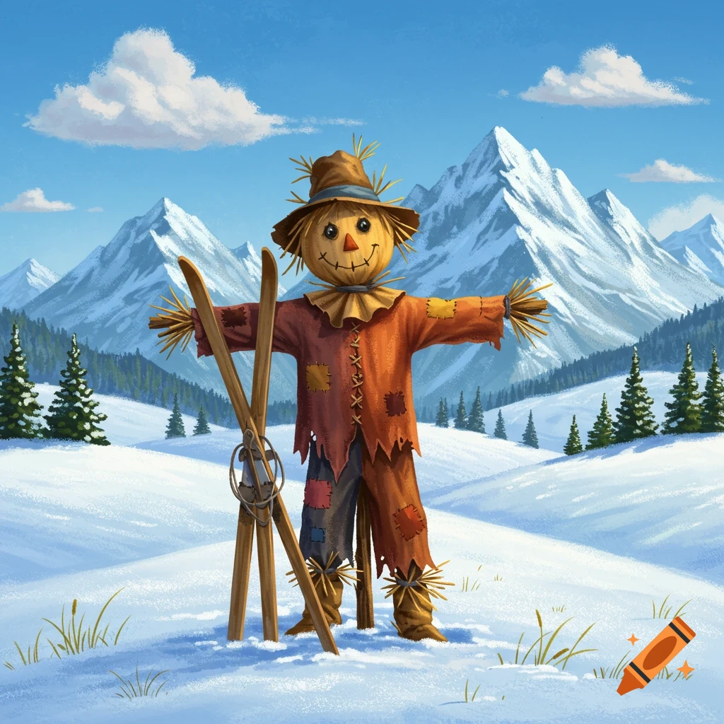A scarecrow holding skis in a snowy mountain landscape.