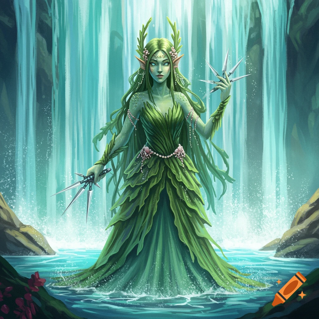 A green water nymph in a leafy gown holding ninja stars by a waterfall.