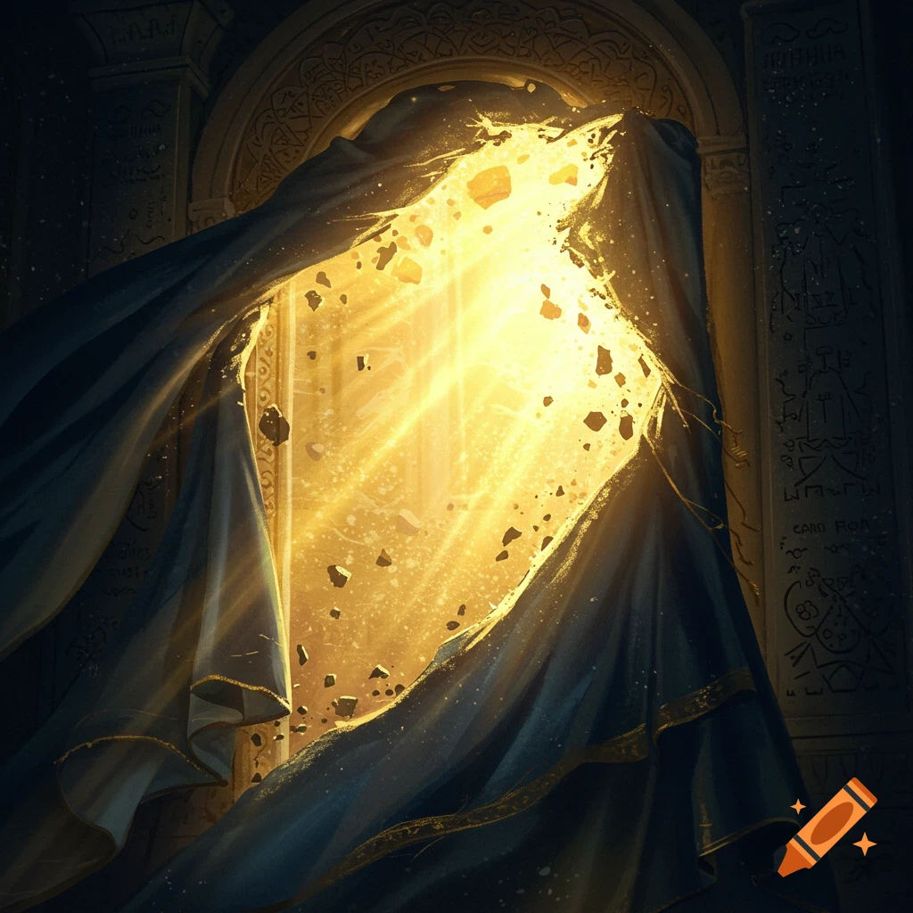 A tearing temple veil with bright light and debris, revealing a golden glow between ornate pillars.