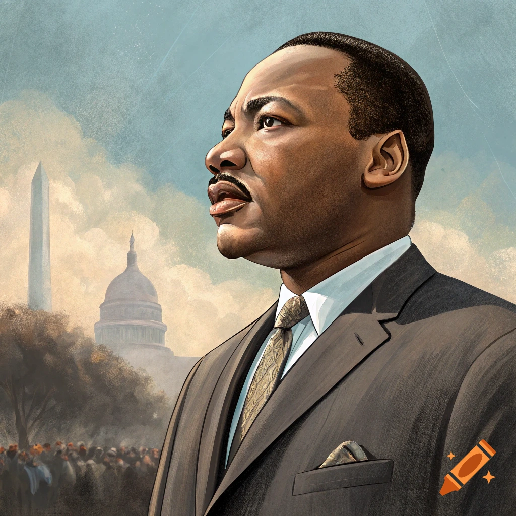 Illustration of Martin Luther King Jr. in a suit, with the Washington Monument and Capitol building in the background.