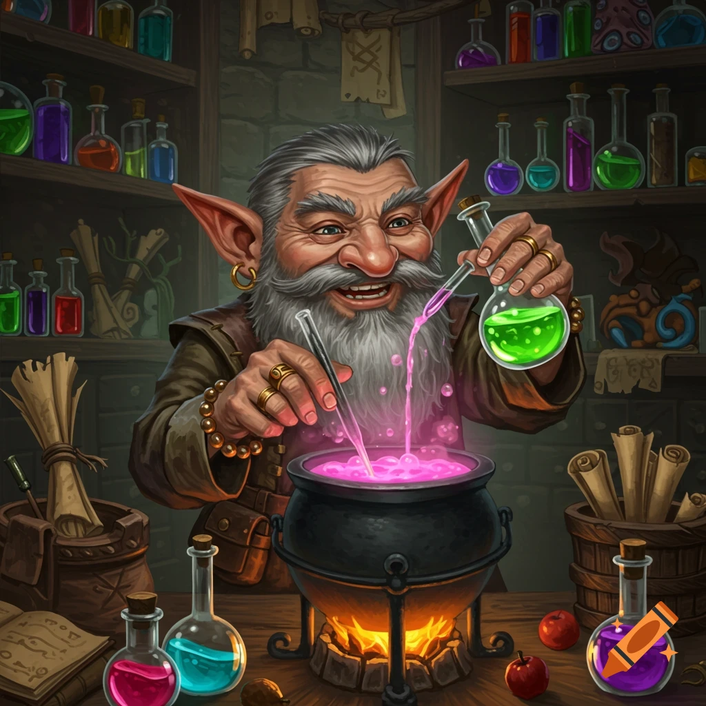 A grey-skinned gnome potion maker pouring liquid into a bubbling cauldron in a workshop.