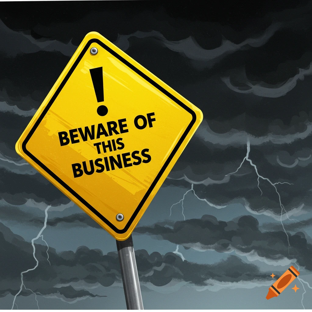 A yellow warning sign reading 'BEWARE OF THIS BUSINESS' against a stormy sky with lightning.