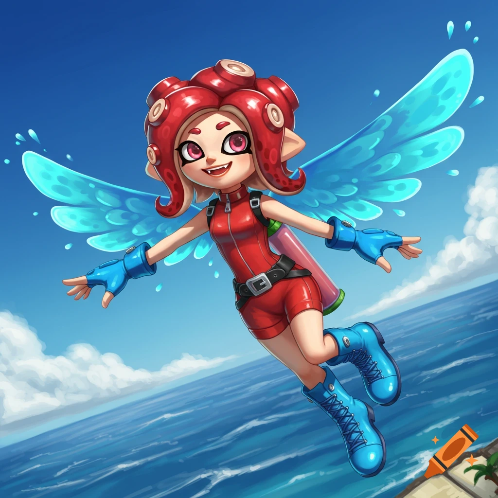 Octoling girl from Splatoon flying over the ocean with blue ink wings.