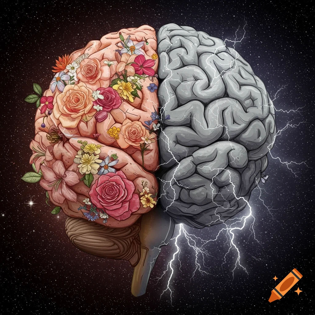 A brain is depicted as split in half. One side is vibrant with colorful flowers, while the other is rendered in grayscale with lightning illuminating a starry sky.