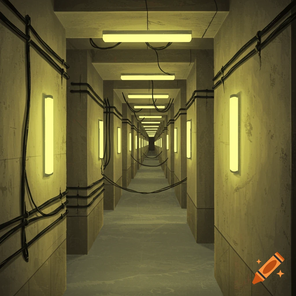 A long, dimly lit hallway with rows of fluorescent lights and exposed pipes.