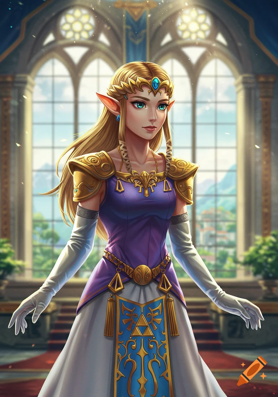 Princess Zelda in a purple dress and gold armor stands in a grand room with large windows