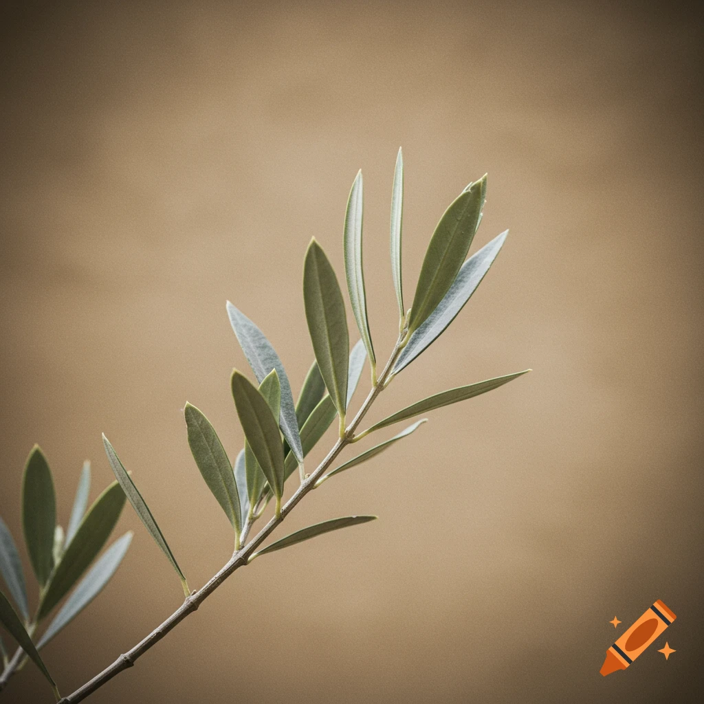 Close-up of a small olive branch with green leaves against a blurred brown background.