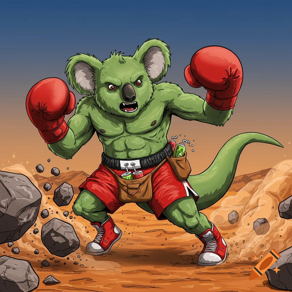 A muscular green koala/kangaroo hybrid boxer in a desert breaks rocks, in a comic art style.