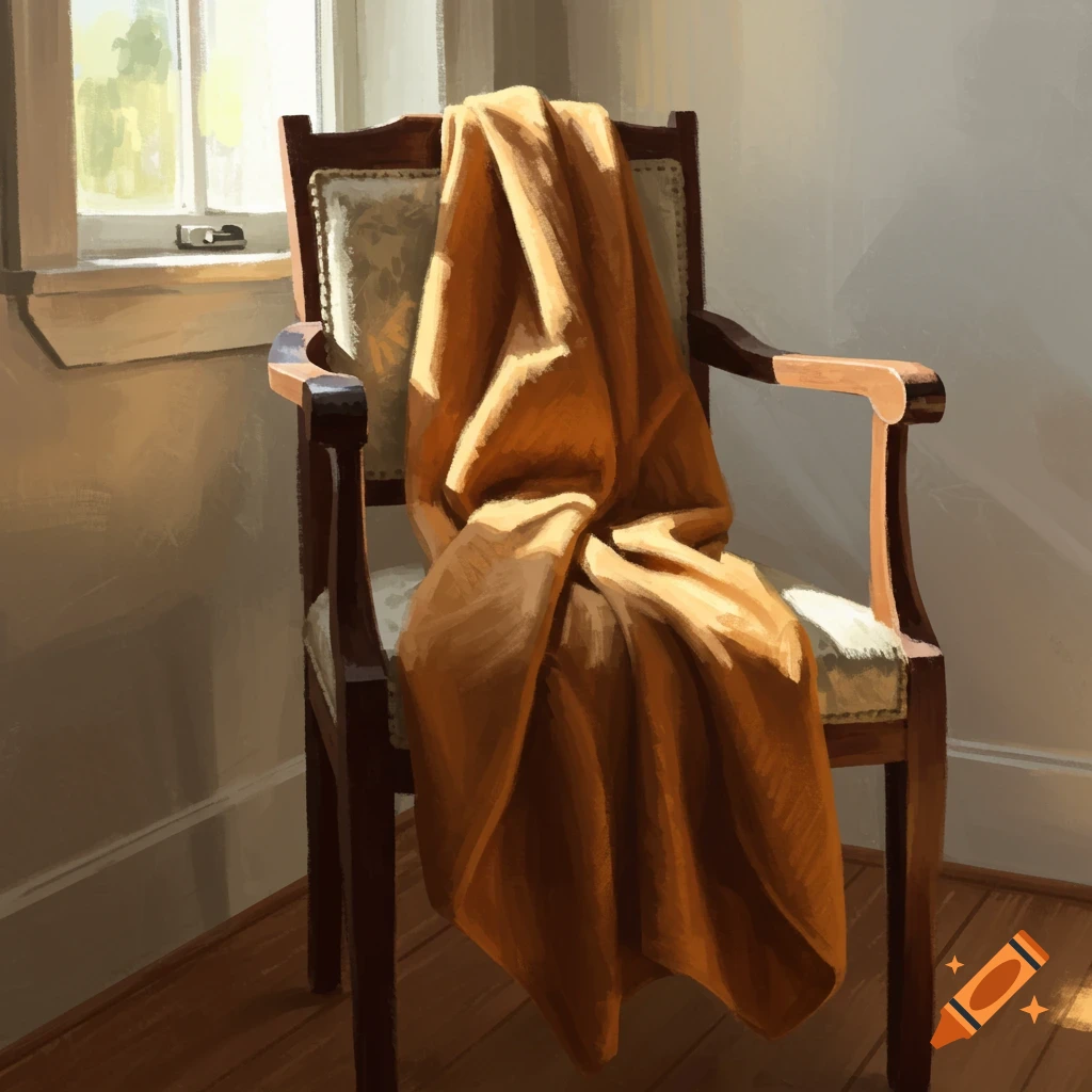 A chair draped with a caramel-colored blanket, bathed in sunlight from a window.
