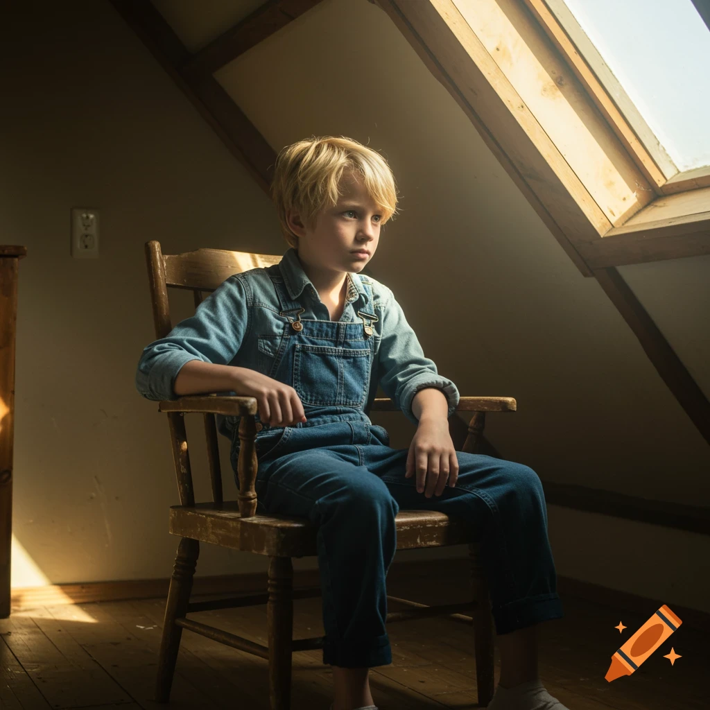 A candid photo of a young boy in overalls sitting in a sunlit attic room.