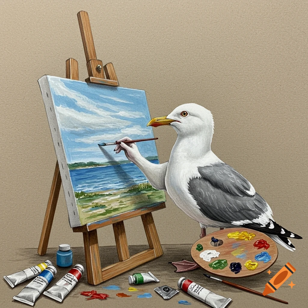 A detailed illustration of a seagull standing at an easel painting a landscape scene, with paint tubes and a palette nearby.