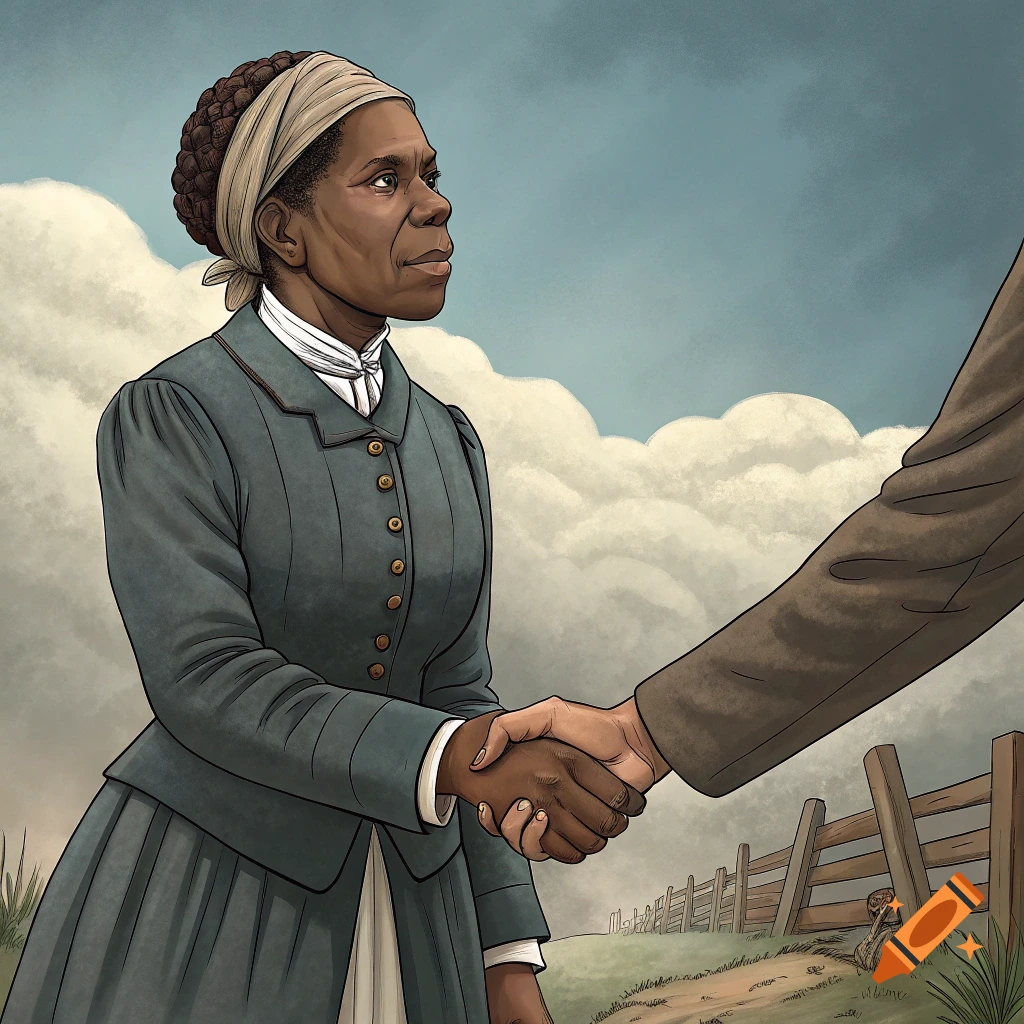 Illustration of a woman in historical clothing shaking hands with a man outdoors