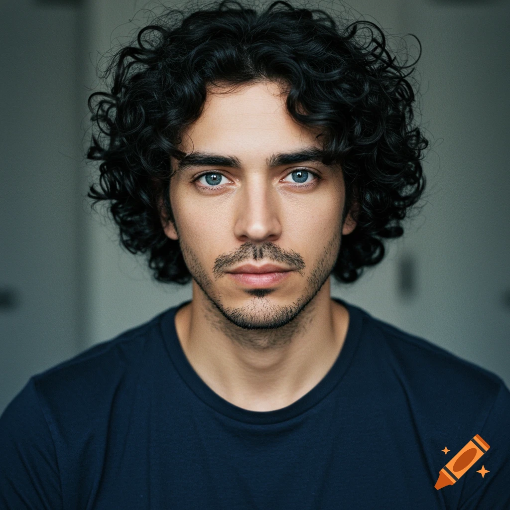Close-up photorealistic portrait of a man with curly black hair, beard, and blue eyes.
