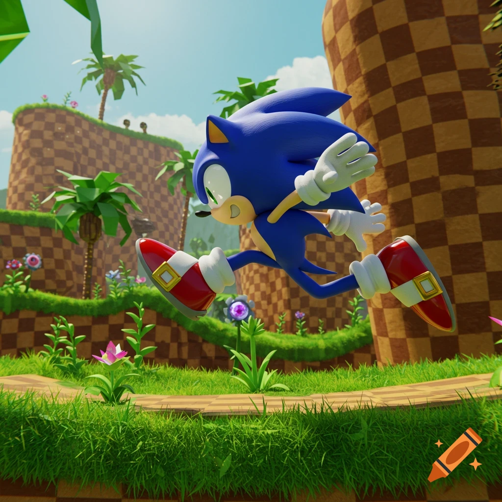Sonic the Hedgehog running through a grassy level with palm trees and checkered hills.