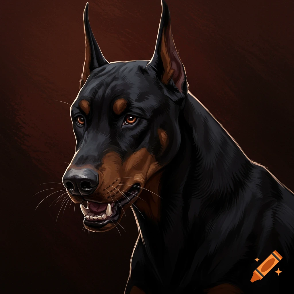 A Doberman dog's head with pricked ears.