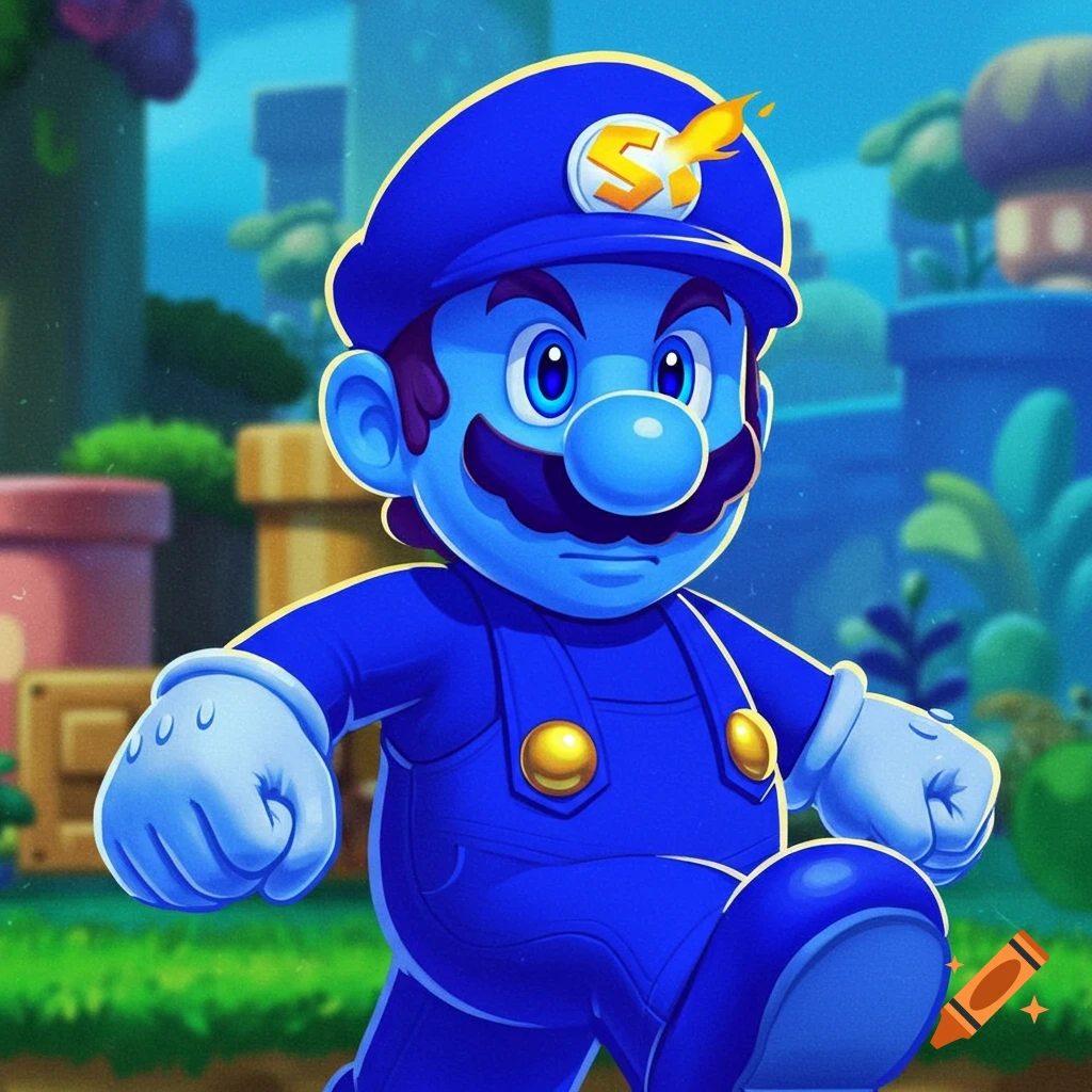 A blue, stylized character resembling Mario wears a cap with a yellow 'S' symbol and fire, running in a vibrant cartoon landscape.
