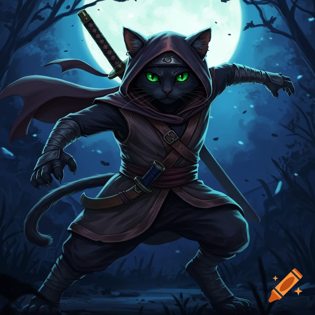 A black cat ninja with green eyes stands in a forest under a full moon, holding swords.