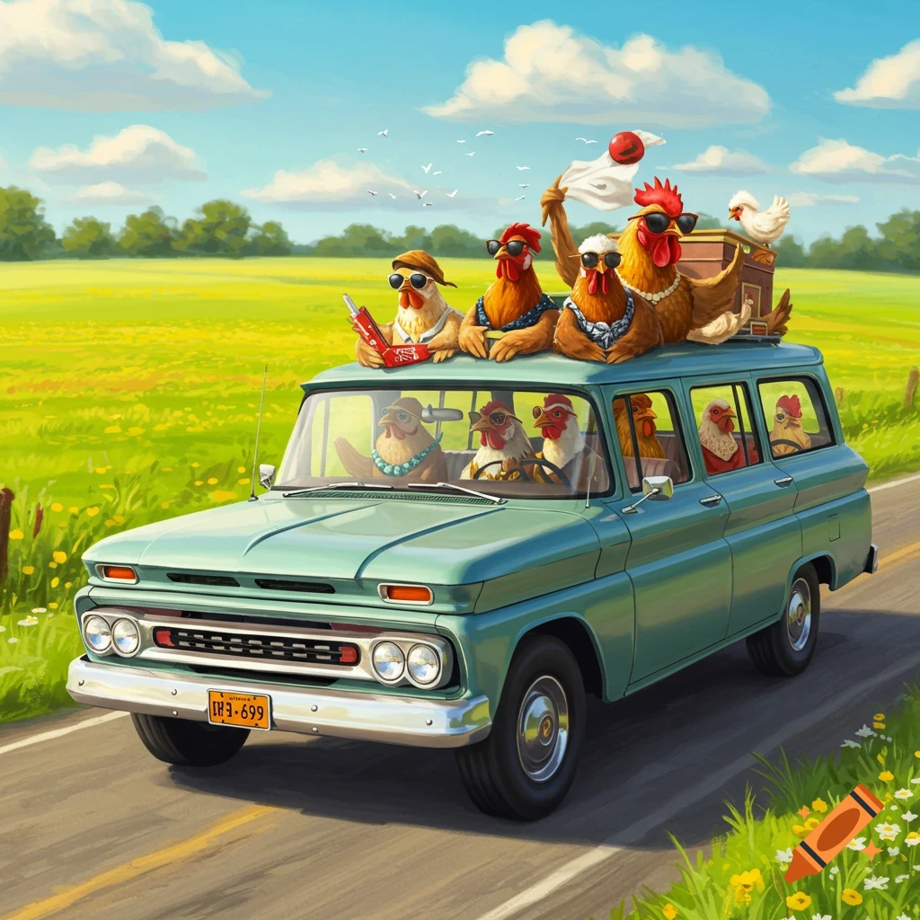 A cartoon of chickens driving a green Chevy Suburban through a rural field.
