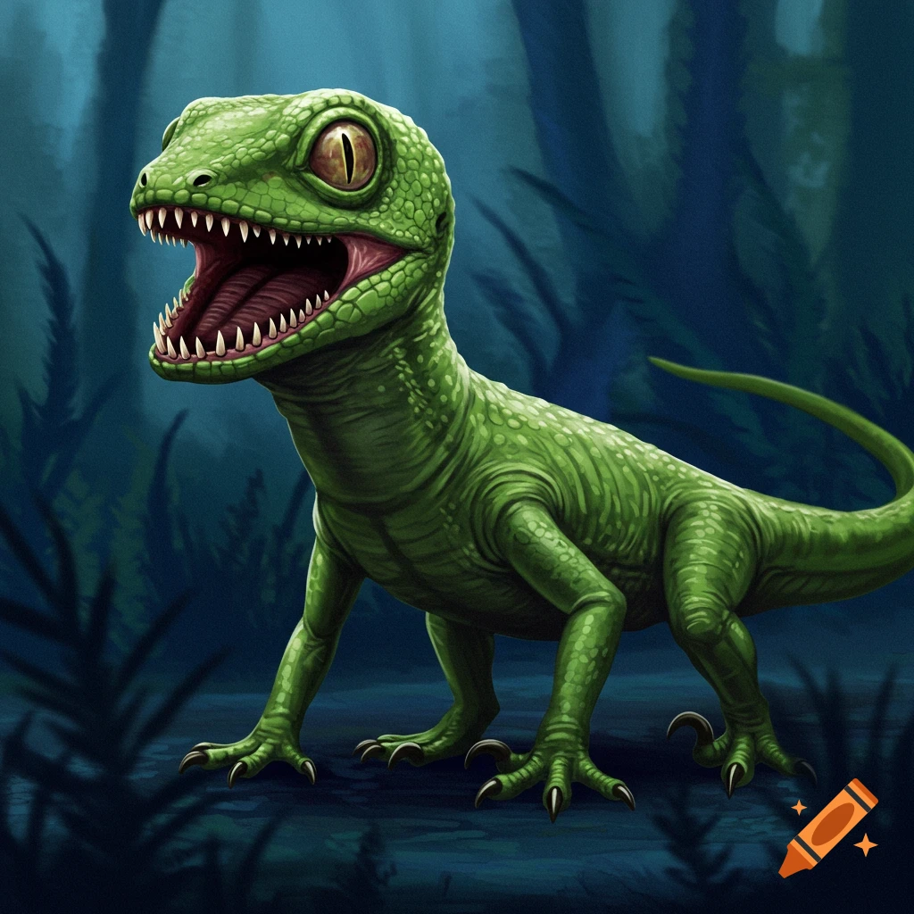 A green lizard creature or young dinosaur with its mouth open is in a dark forest.