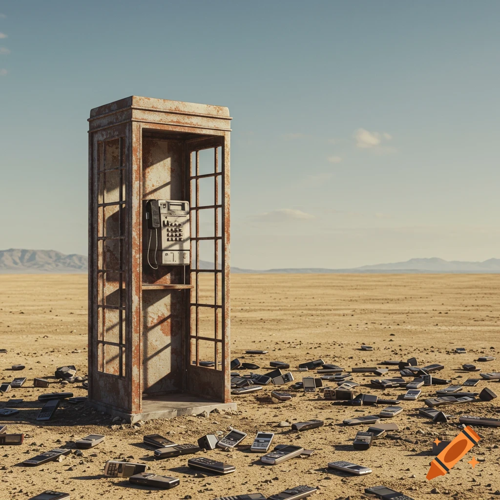A rusty payphone booth stands in a vast, sandy desert landscape, surrounded by scattered old mobile phones. Photorealistic style.