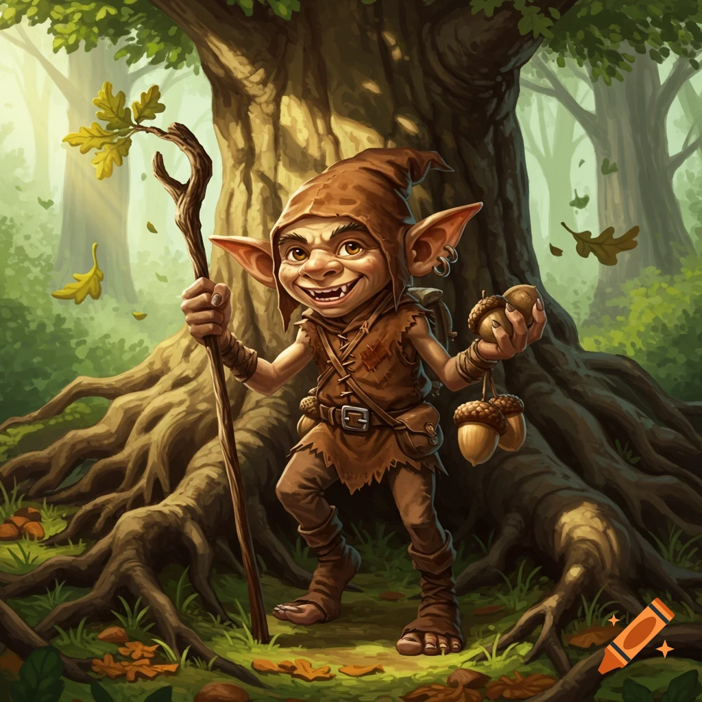 A goblin holding a staff and acorns in a forest