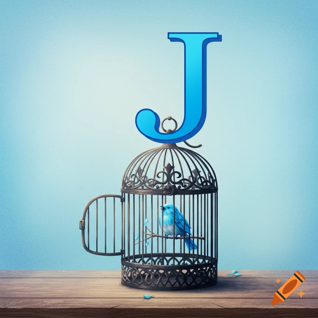 A blue letter J is positioned above an open bird cage containing a blue bird.