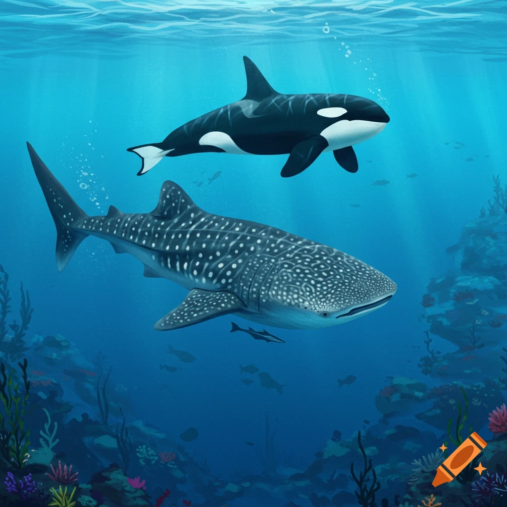 A whale shark swimming below an orca underwater near a coral reef.