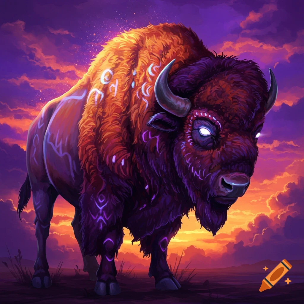 A fantasy buffalo with glowing eyes and markings standing against a sunset sky.
