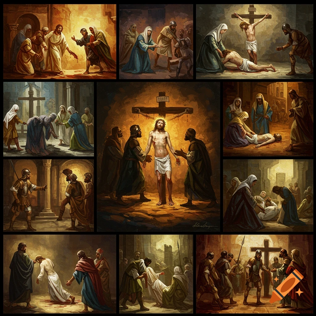Depicting multiple scenes from the Christian Way of the Cross.