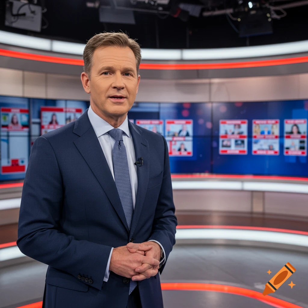 TV anchor in a suit standing in a news studio