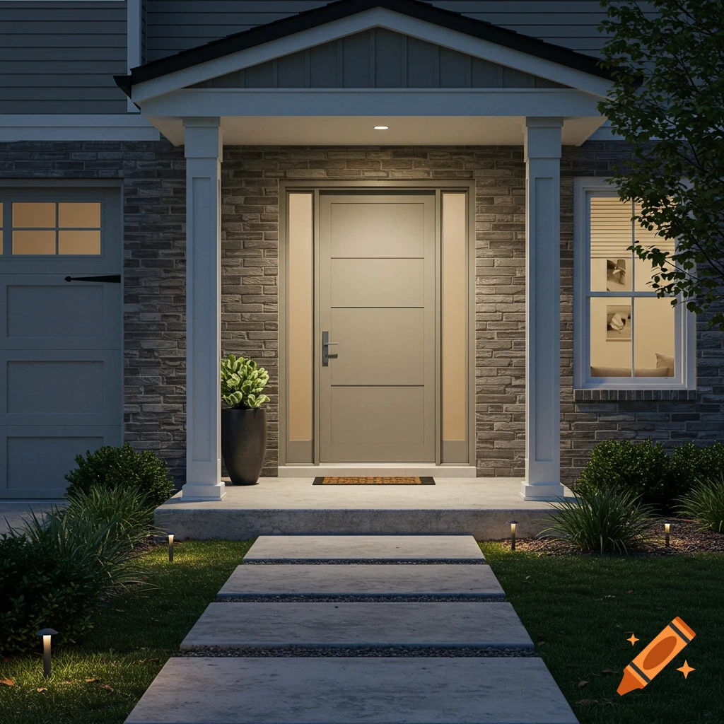 Modern American house entrance at dusk with concrete walkway