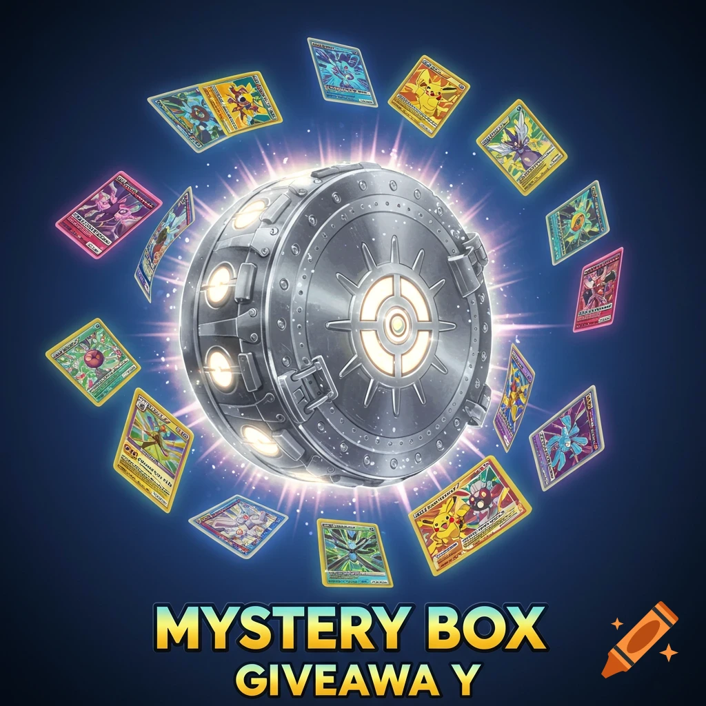 A glowing metallic mystery box is shown with floating Pokemon cards and 'MYSTERY BOX GIVEAWAY' text.