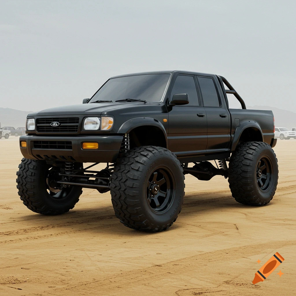 A black lifted 4x4 pickup truck with large tires is parked on a sandy surface.
