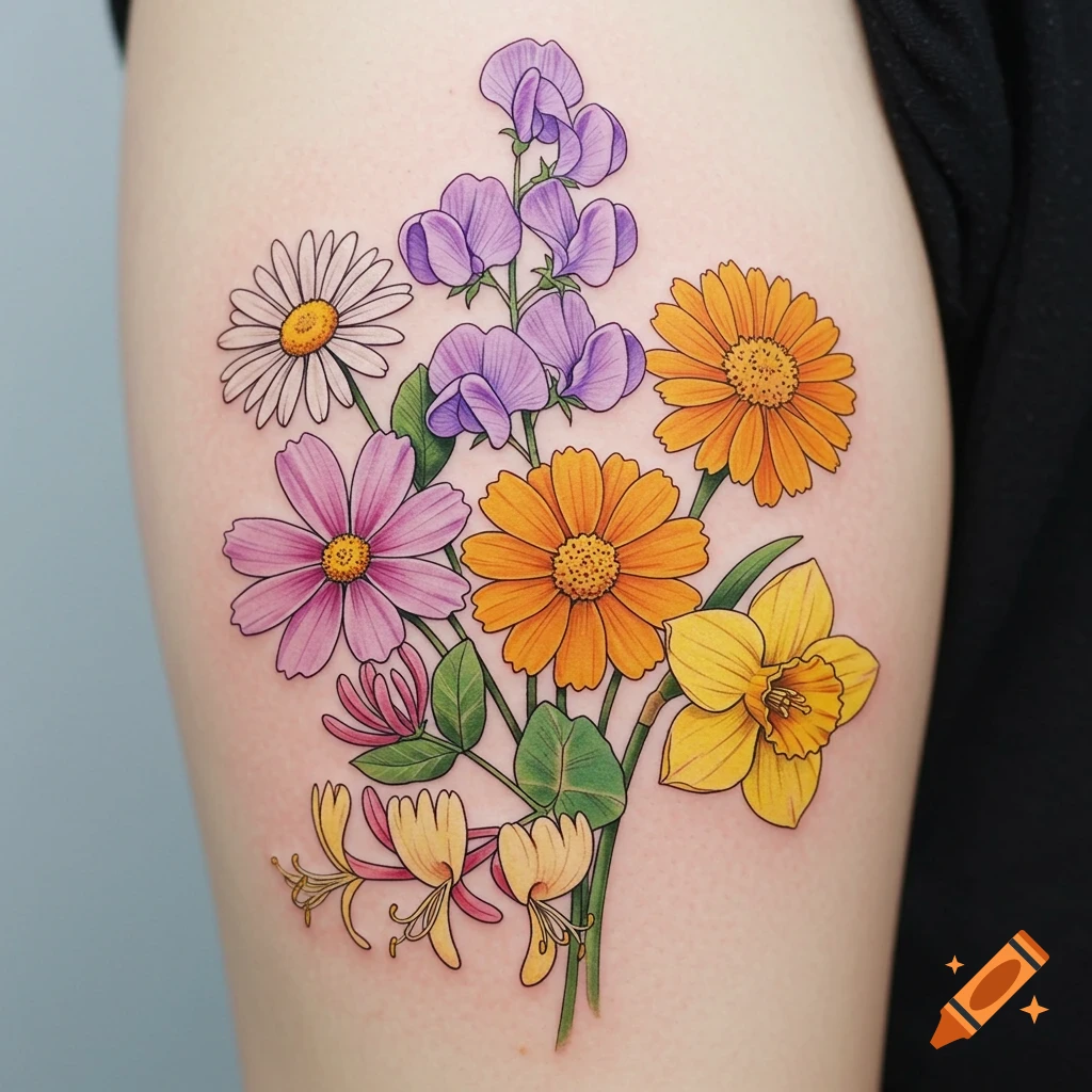A colorful tattoo design of a bouquet of flowers including sweet peas, marigolds, cosmos, honeysuckle, daffodil, and daisy on skin.