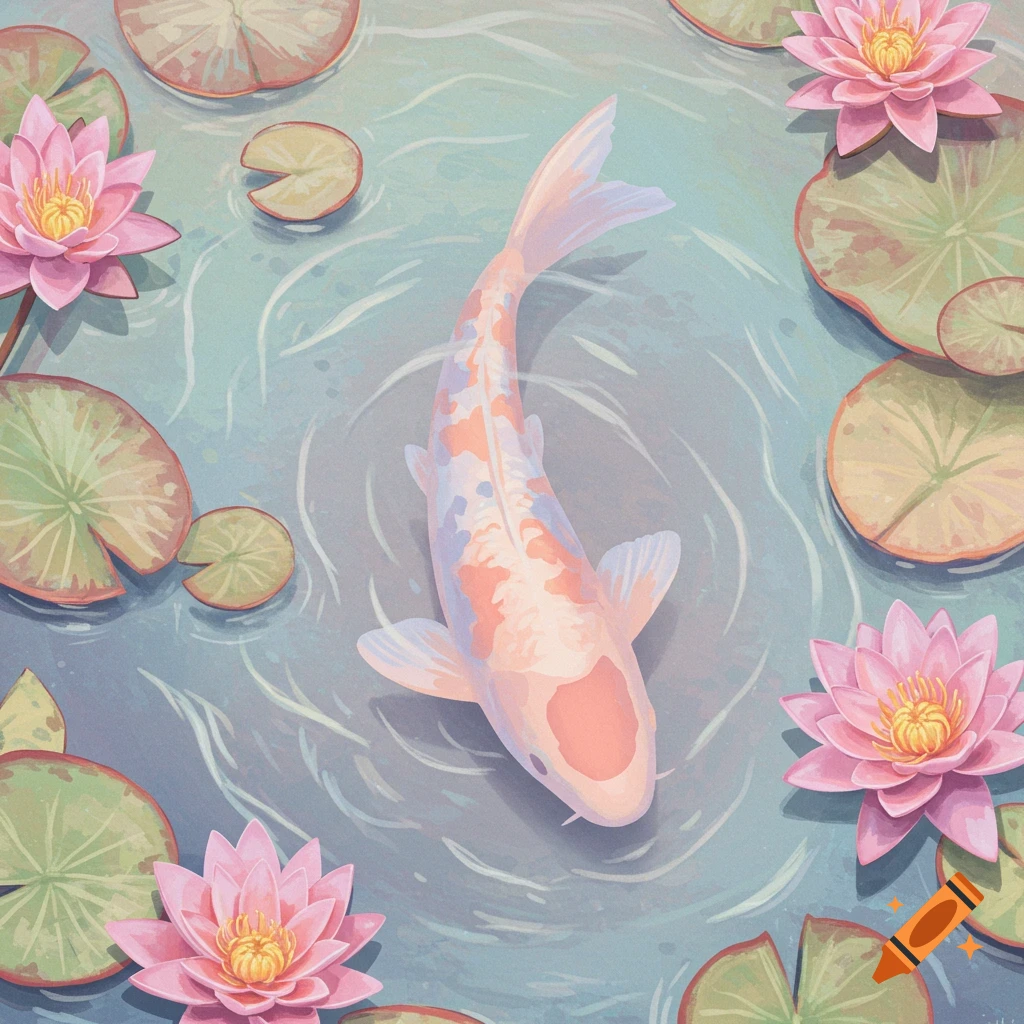 A white and orange koi fish is swimming among pink water lilies and green lily pads.