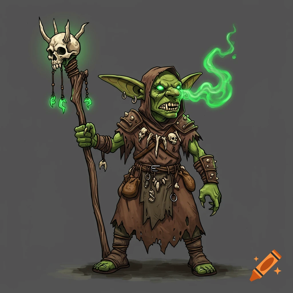 A cartoon fantasy illustration of a green goblin holding a staff topped with a skull and blowing green smoke.