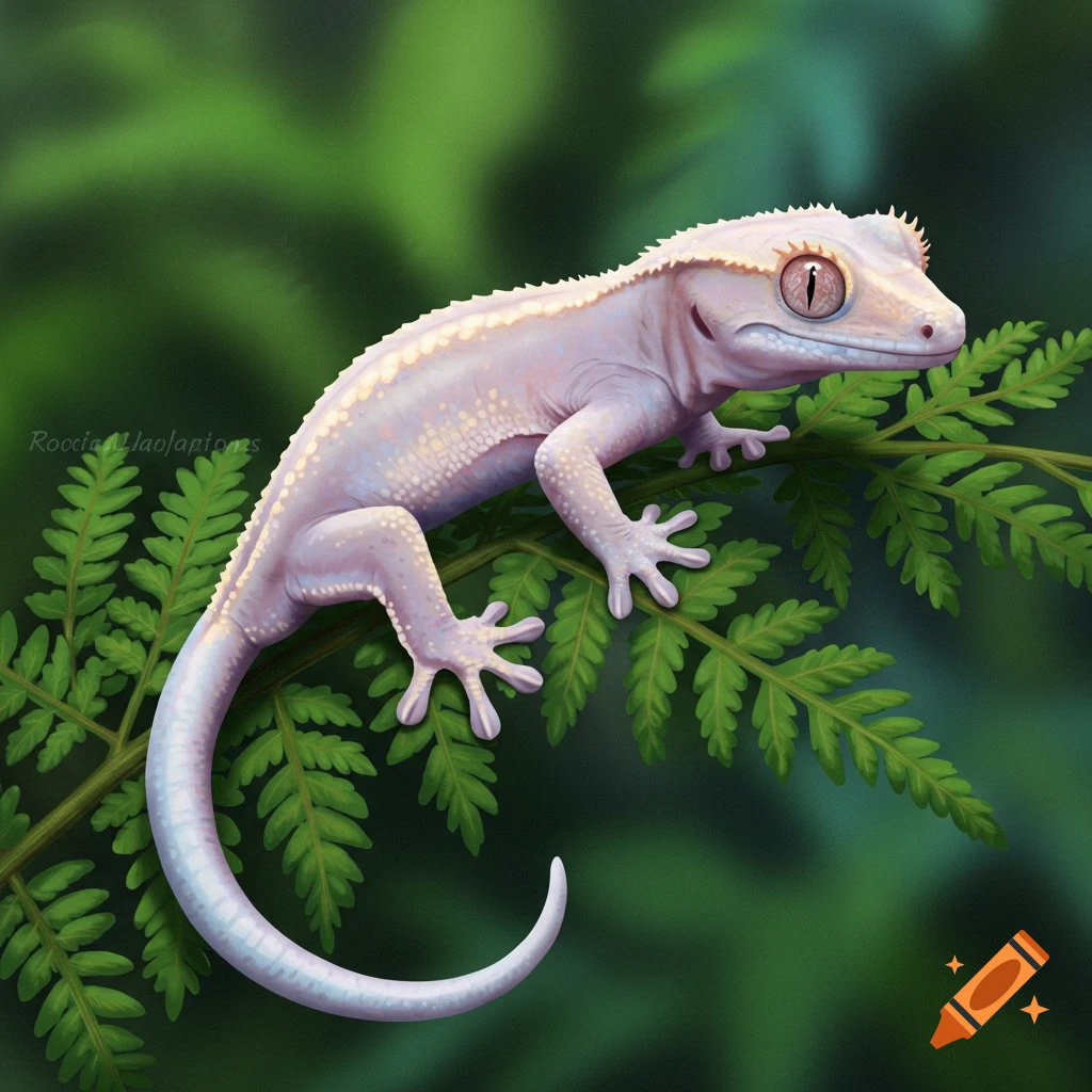 A white iris crested gecko sits on a green fern branch.